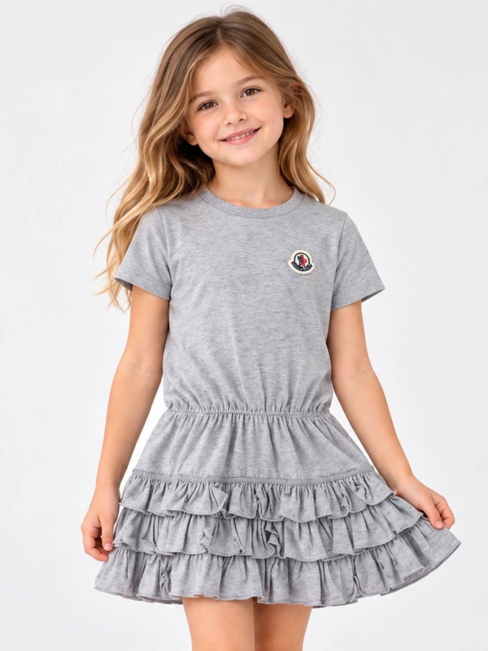 Moncler Girls Gray Ruffle Skirt Short-Sleeve Dress in 3T